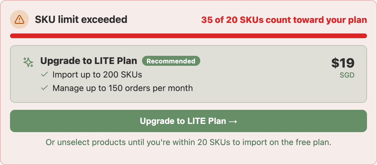 Onboarding SKU limit bar showing 35 of 20 SKUs selected, over the Free plan limit, with an upgrade suggestion