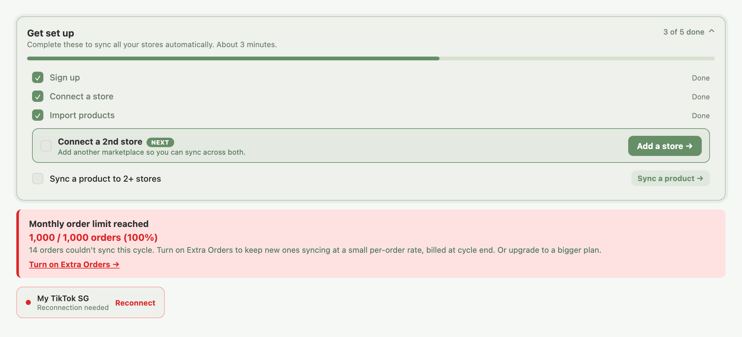 Get set up checklist, alerts banner showing a plan-limit warning with the parked-orders line, and a store health card below it