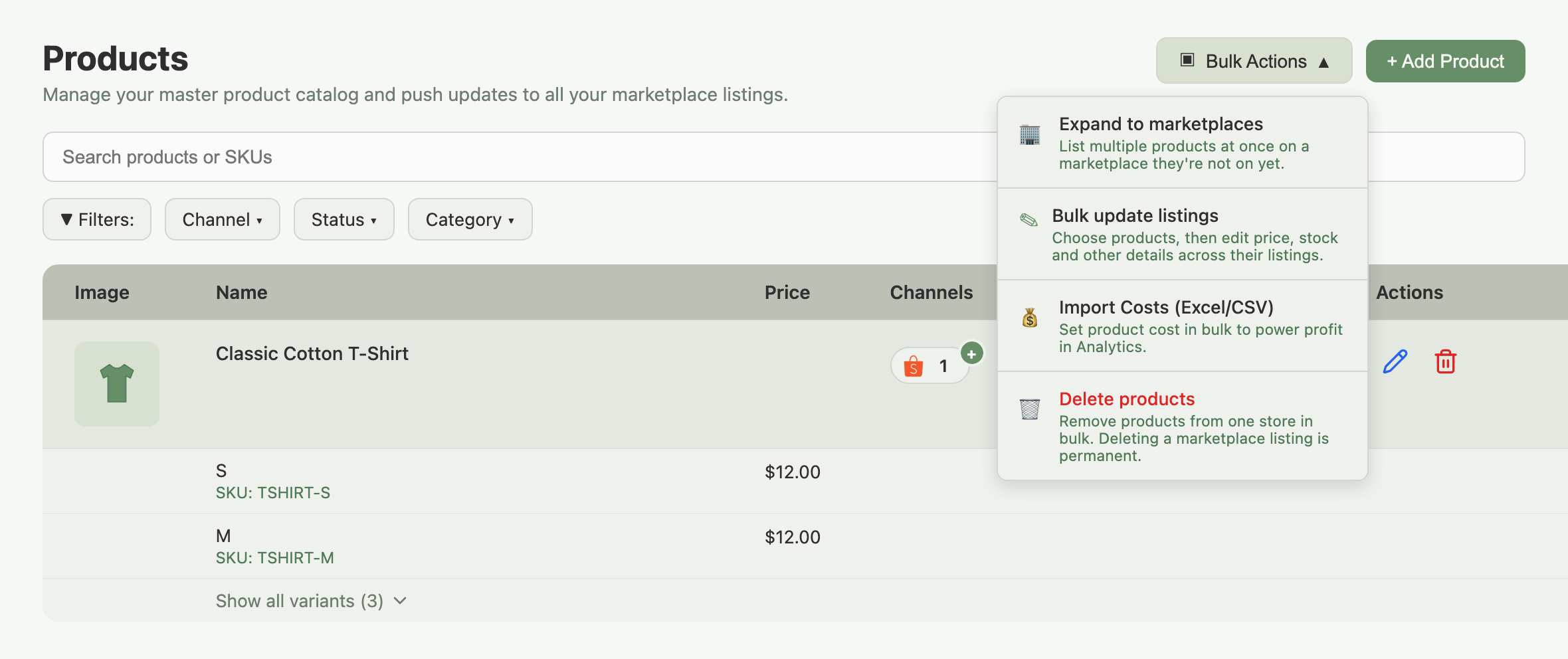 Products page with the Bulk Actions menu open, showing Expand to marketplaces, Bulk update listings, Import Costs and Delete products