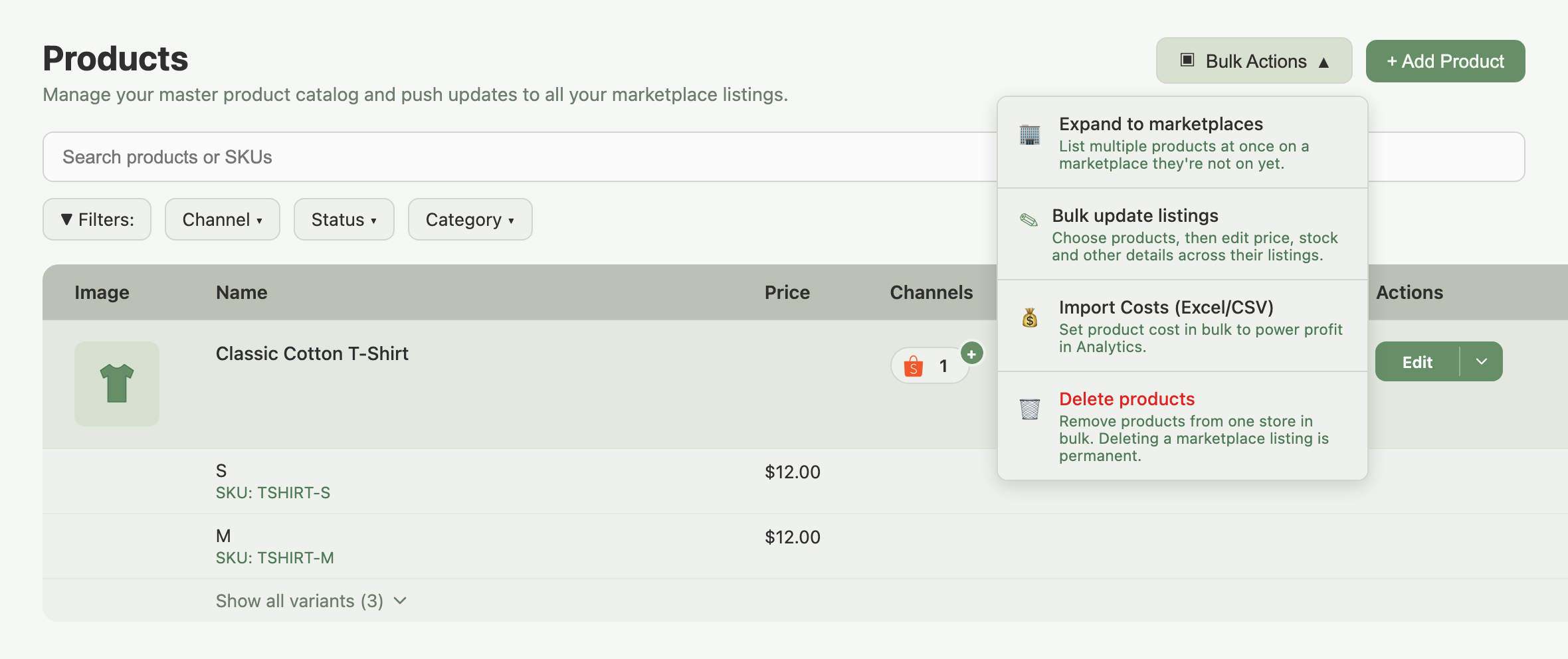 Products page with the Bulk Actions menu open, showing Expand to marketplaces, Bulk update listings, Import Costs and Delete products