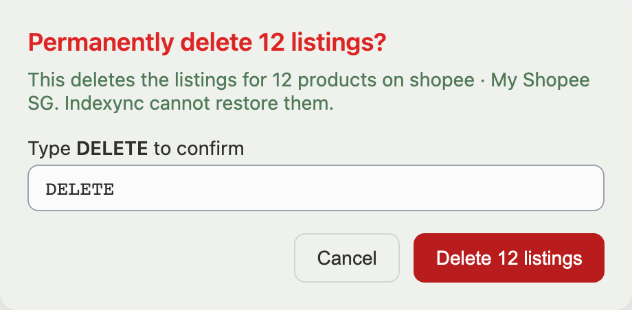 Type-to-confirm dialog reading "Permanently delete 12 listings?" with a DELETE text field and a red Delete 12 listings button