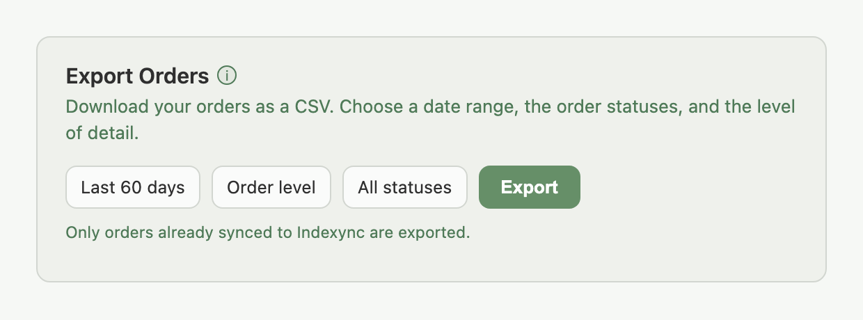 Export Orders card in its default state, showing the date-range, level, and status dropdowns plus the Export button