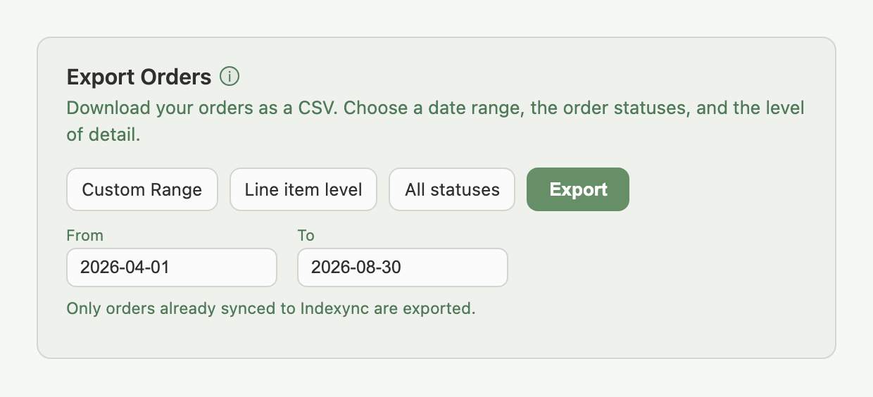Export Orders card with Custom Range selected, showing the From and To date fields
