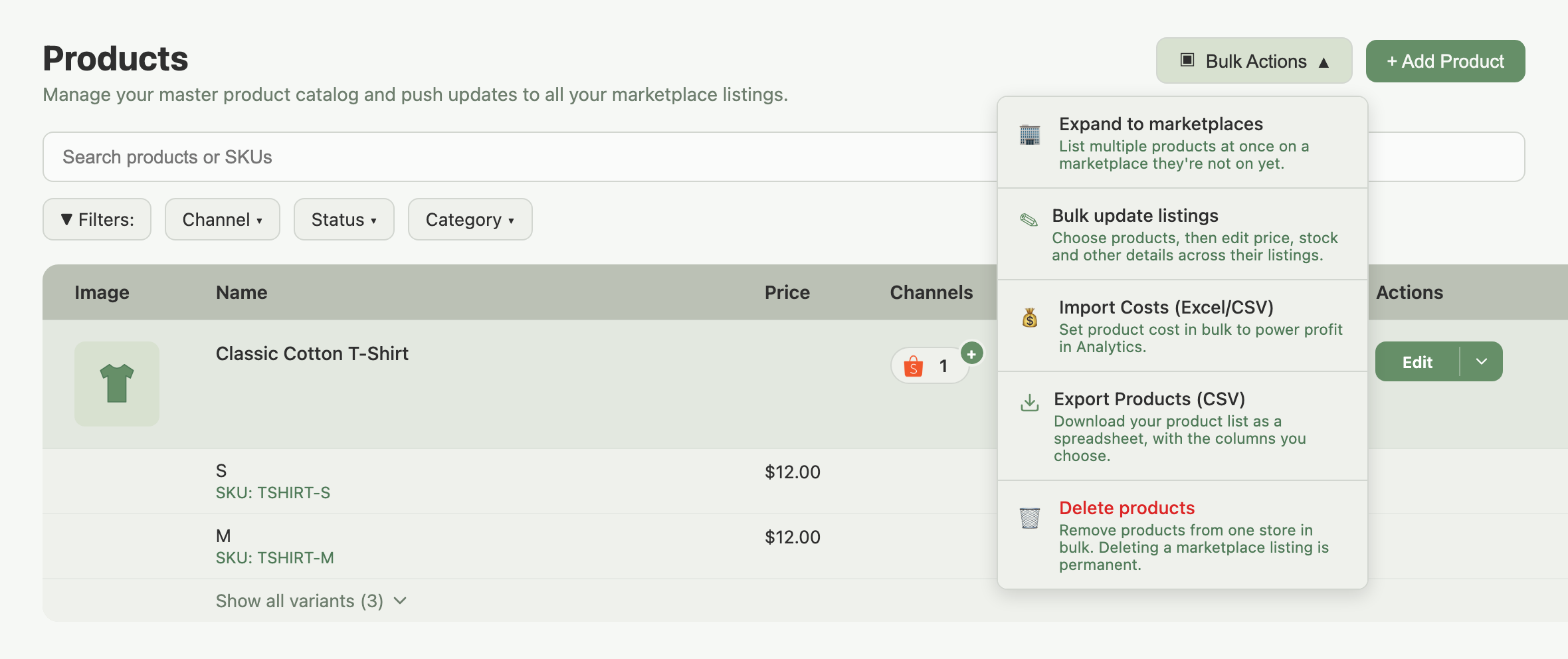 Products page with the Bulk Actions menu open, showing Export Products (CSV)