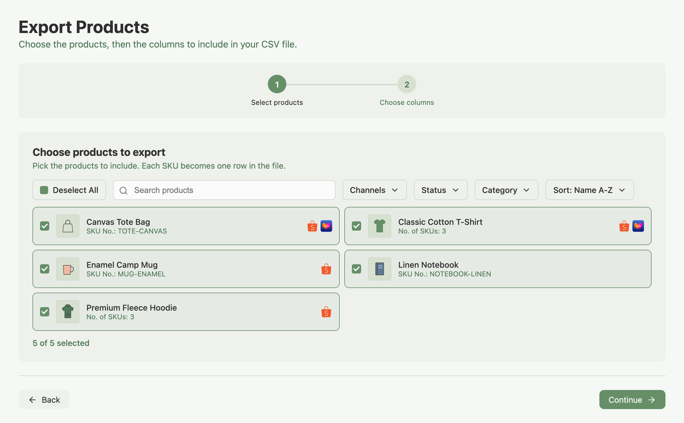 Select products step with search, Channels, Status and Category filters, Sort menu and a count of products selected