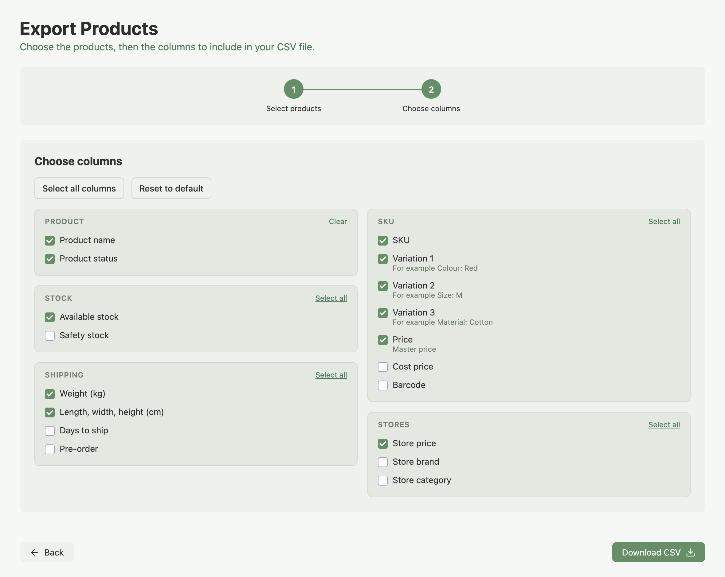 Choose columns step showing the Product, SKU, Stock, Stores and Shipping groups with the default columns ticked