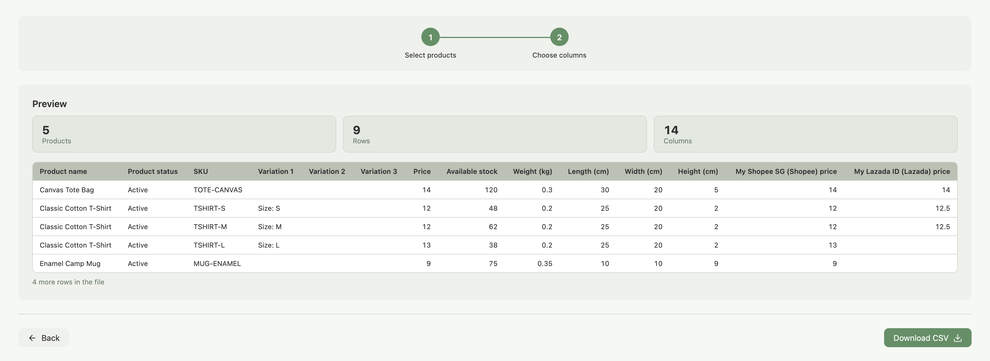 Preview with product, row and column counts for the default columns, the first rows including a blank Lazada price cell, and a count of more rows in the file