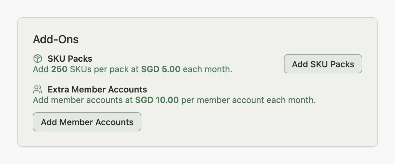 Add-Ons section on the Billing page with the SKU Packs row and the Extra Member Accounts row, each with its add button