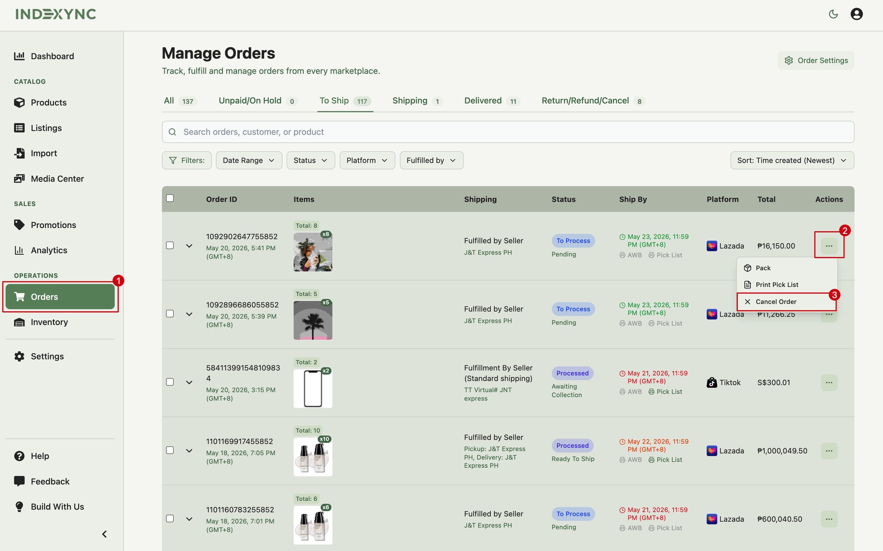 Orders page showing the actions dropdown on an order row with Cancel Order highlighted