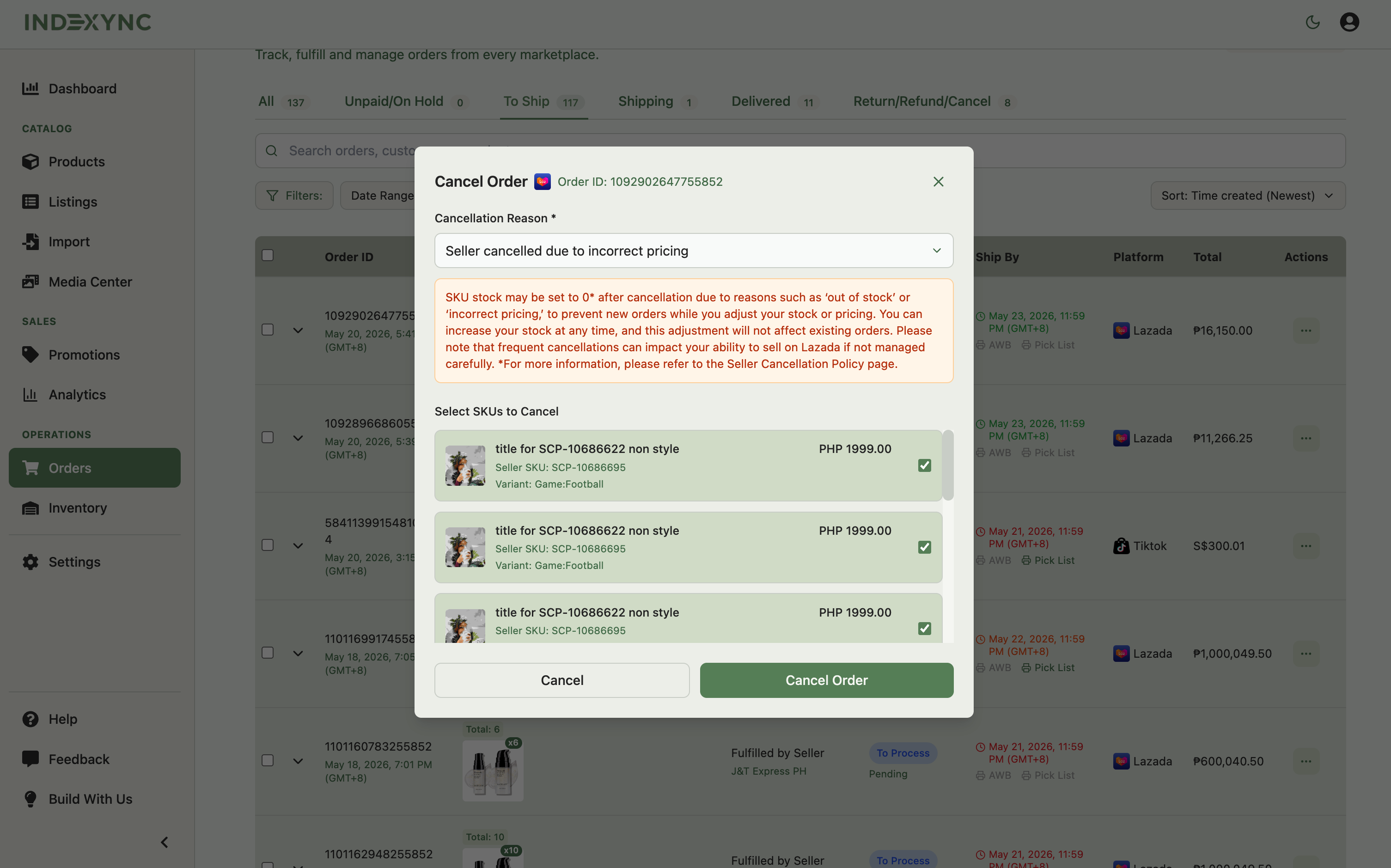 Cancel Order window showing a cancellation reason dropdown, item checkboxes to select which SKUs to cancel, and Lazada's on-screen stock/selling-ability warning