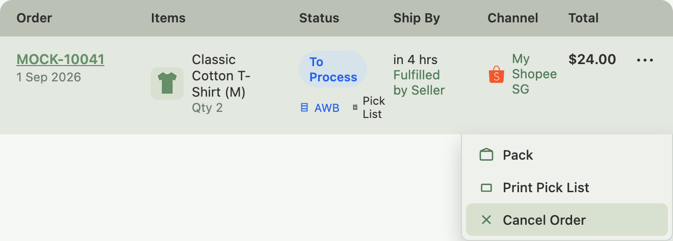 The Orders page with the Actions menu open on an order row and Cancel Order highlighted