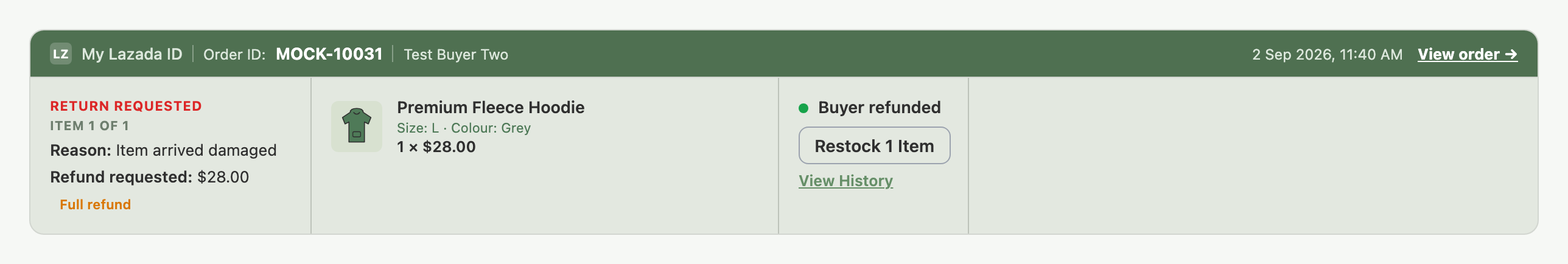 A resolved card showing Buyer refunded and the Restock 1 Item button