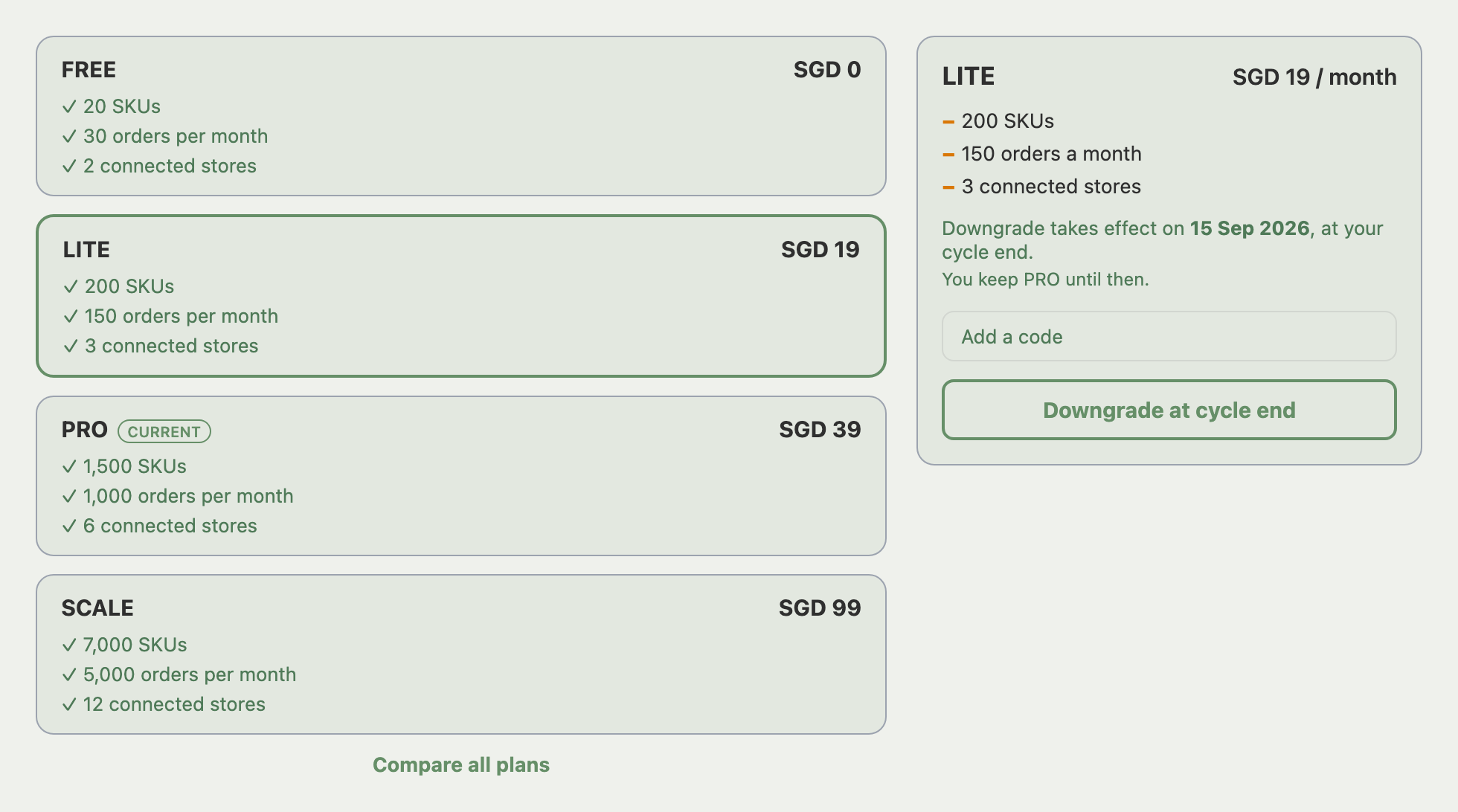 Manage Subscription plan list and detail panel with a lower plan selected, showing the downgrade limits and the Downgrade at cycle end button