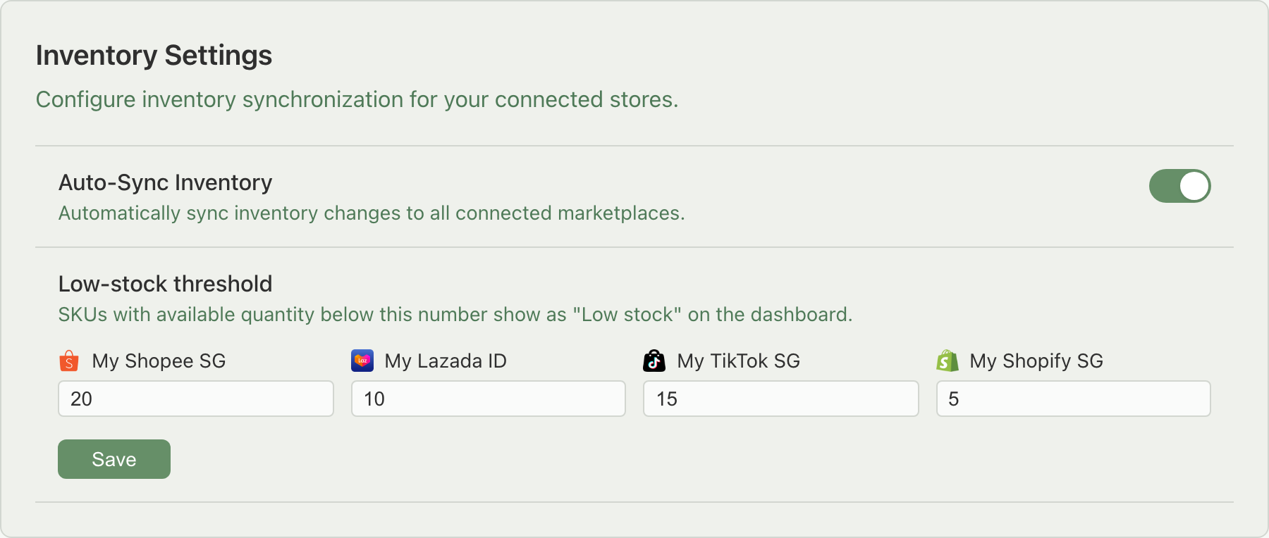 Settings → Inventory tab showing the Auto-Sync Inventory toggle and the Low-stock threshold section with per-store inputs
