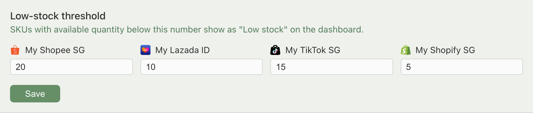 Low-stock threshold section showing the per-store input with a threshold value set and the Save button