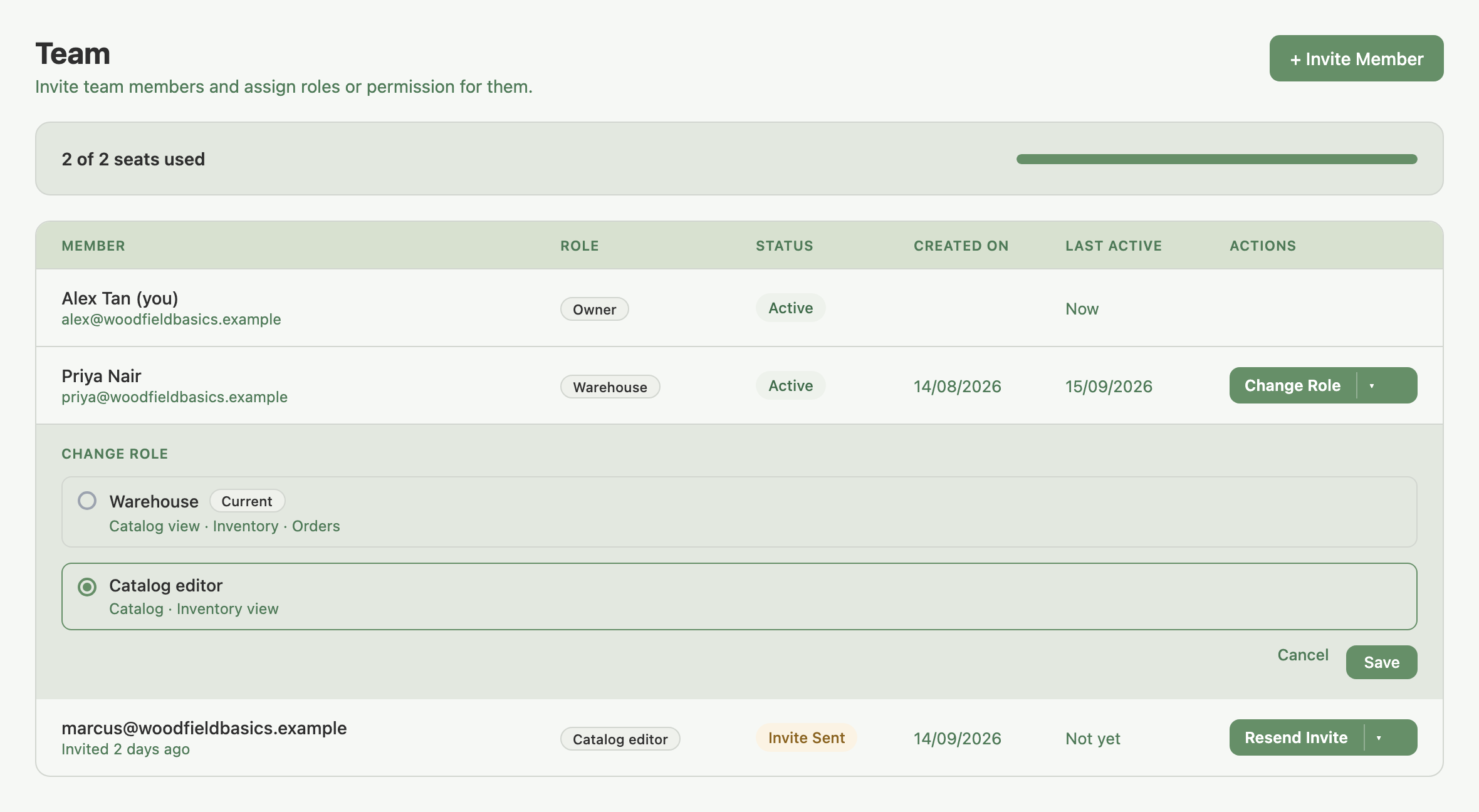 Change Role panel open under Priya Nair's row, showing Warehouse (Current) and Catalog editor as options