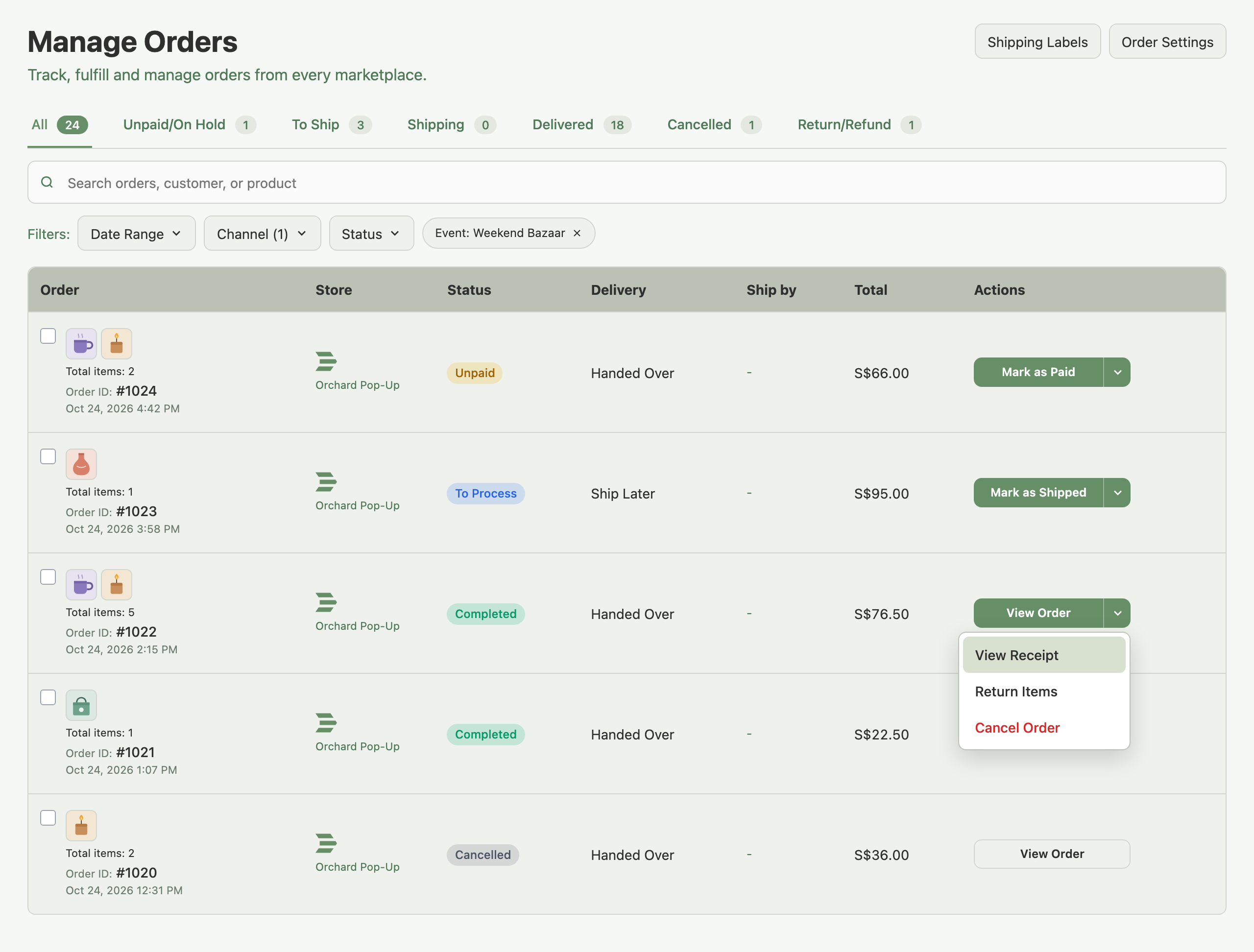 Manage Orders filtered to the Weekend Bazaar event, with an Unpaid order, a To Process order, a Completed order with its menu open, and a Cancelled order
