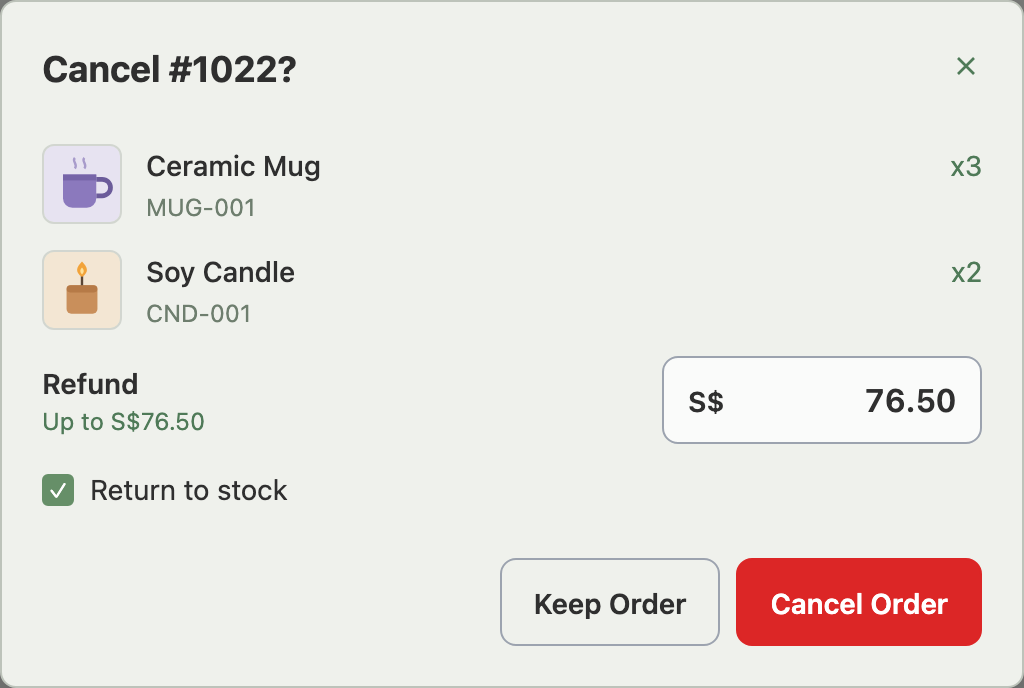 The Cancel Order window for a paid order with the refund amount and Return to stock ticked