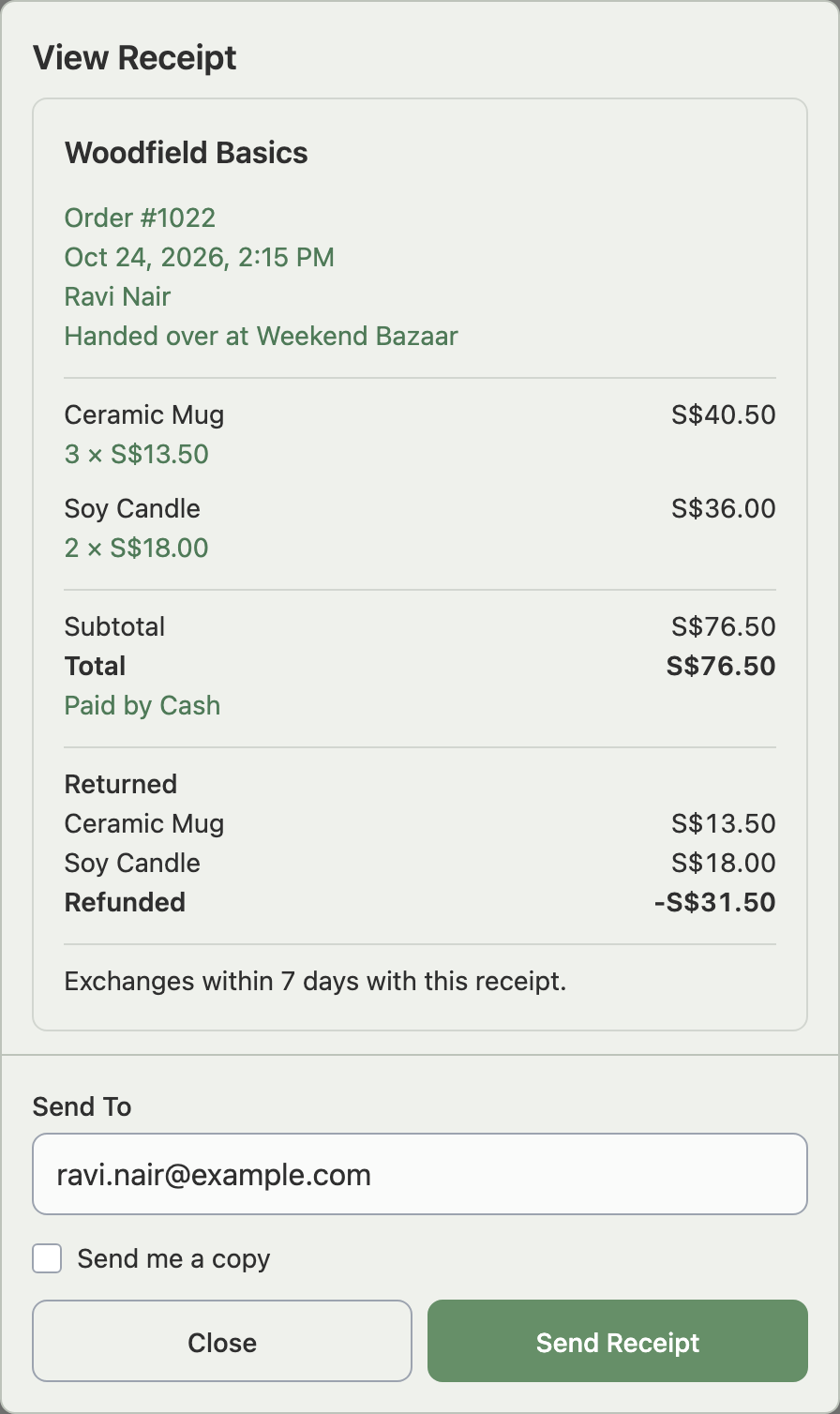 The View Receipt window after a return, with Returned and Refunded lines and Send To