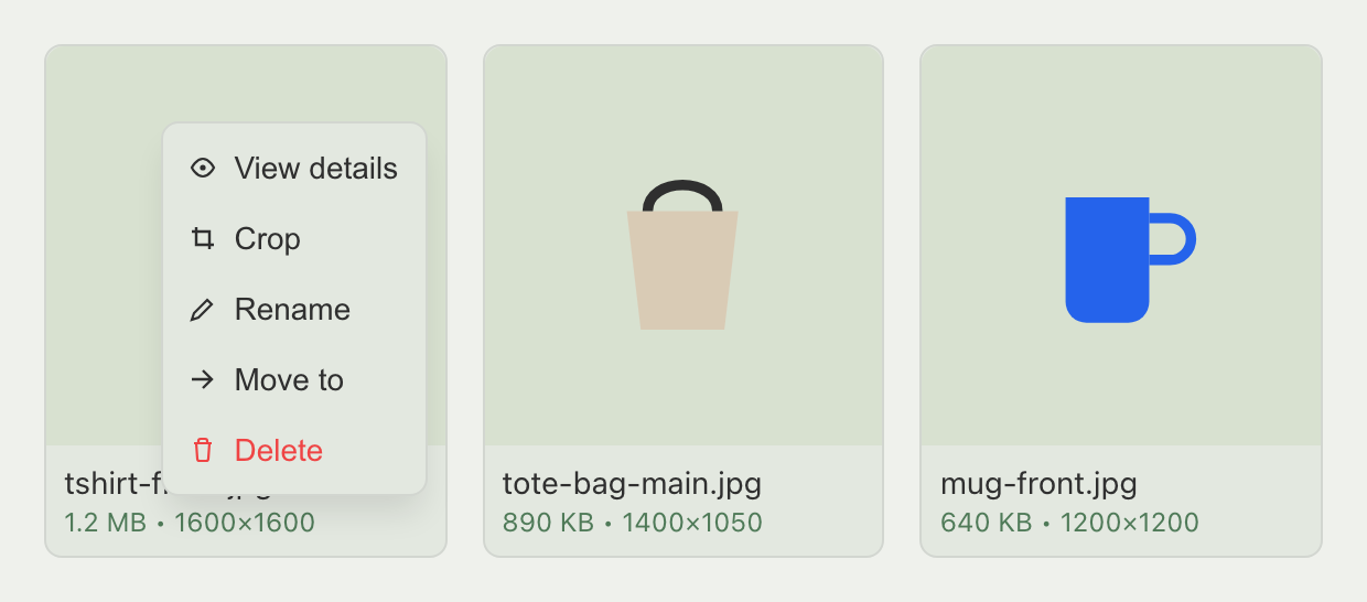 Image tile's three-dot menu open showing View details, Crop, Rename, Move to, and Delete