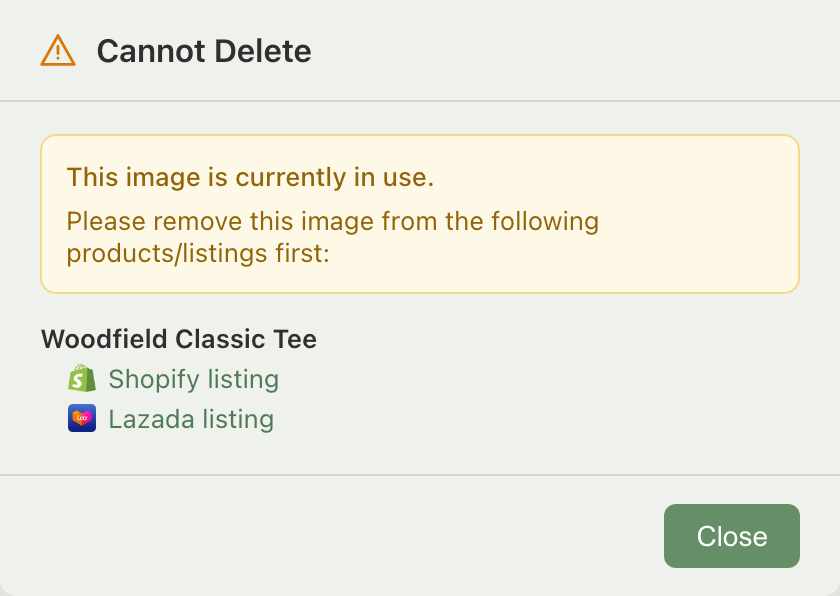 Delete confirmation modal in the blocked "Cannot Delete" state, listing the products and listings using the image