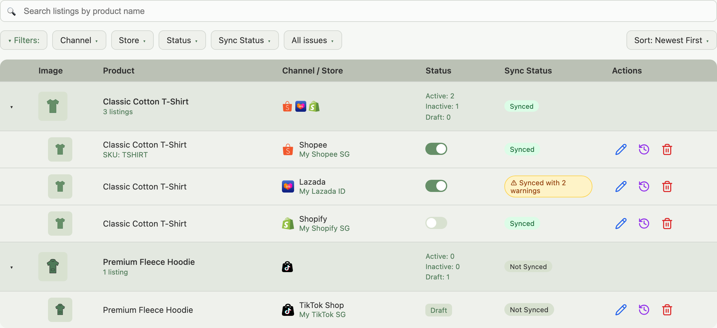 Listings page showing the sidebar Listings link highlighted, the search bar, the Channel, Status, Sync Status and issue filters, and a table of listings grouped by product