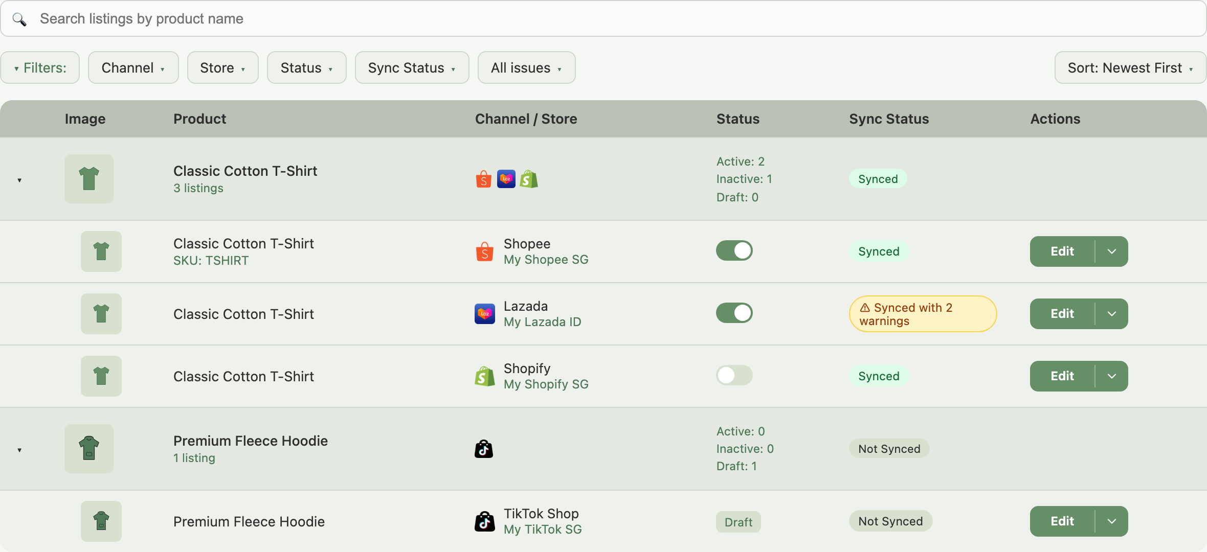 Listings page showing the sidebar Listings link highlighted, the search bar, the Channel, Status, Sync Status and issue filters, and a table of listings grouped by product