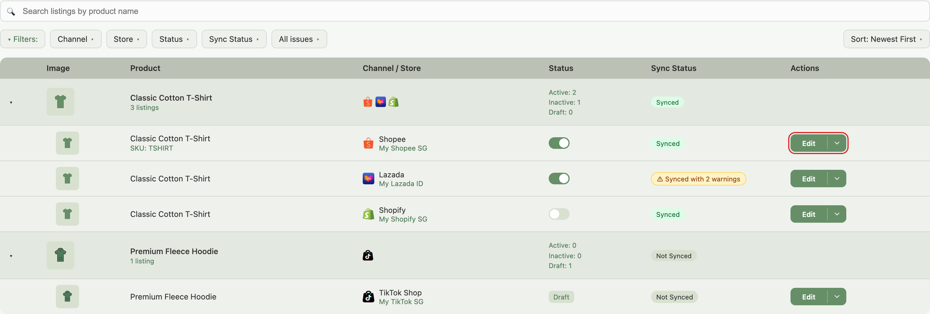 Listings page with the Edit button highlighted on a listing row