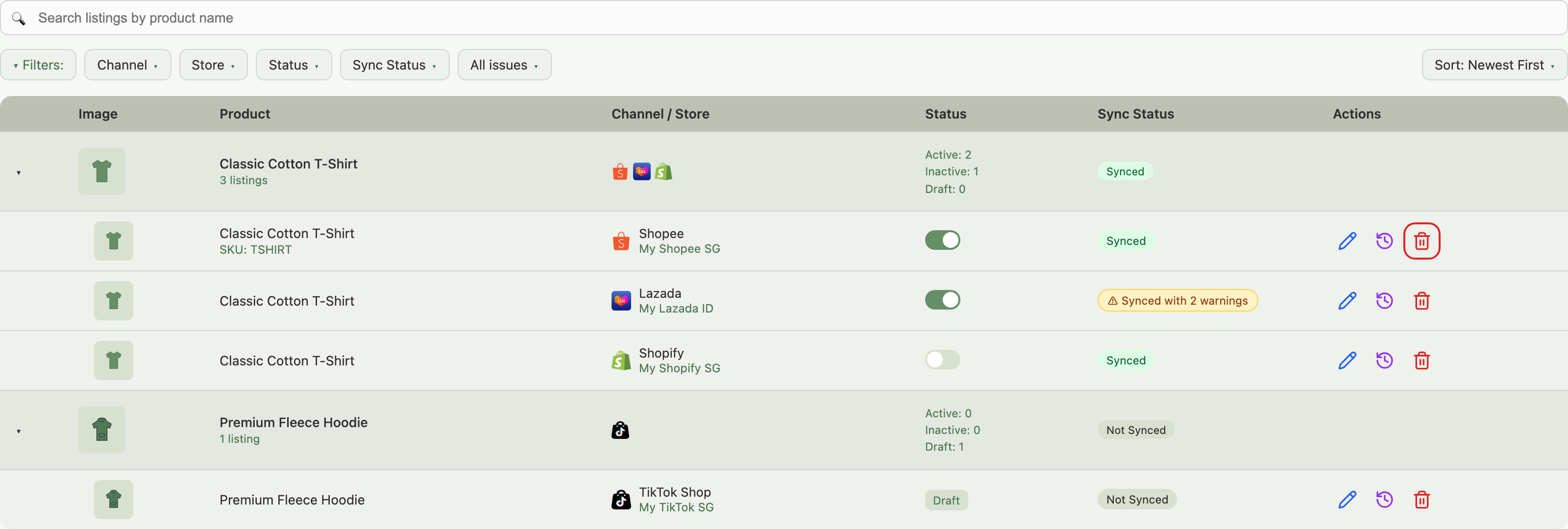 Listings page with the delete icon highlighted on a listing row