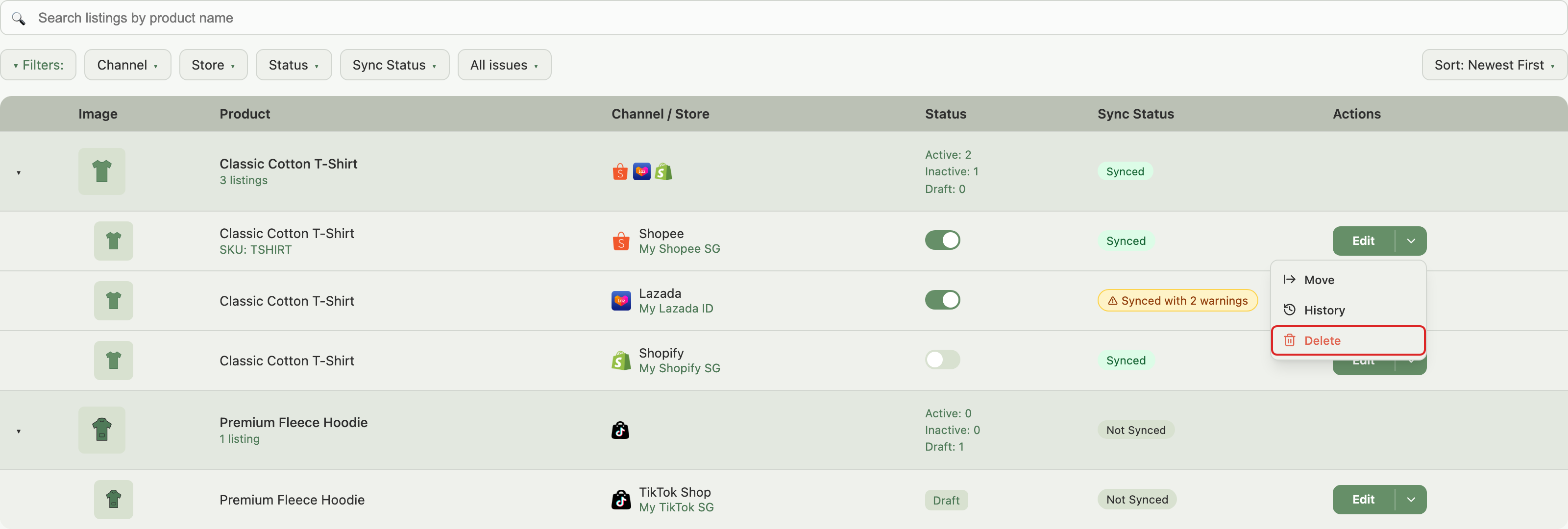 Listings page with a row's arrow menu open and Delete highlighted