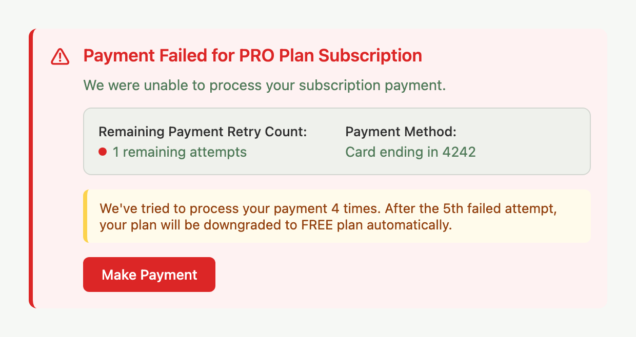 Payment Failed banner, final-attempt state with a red dot and 1 remaining attempts
