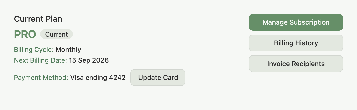 Billing page, Current Plan card showing the Payment Method row with the Update Card button