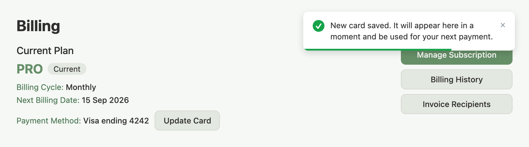 Billing page after returning from Update Card, with the confirmation message