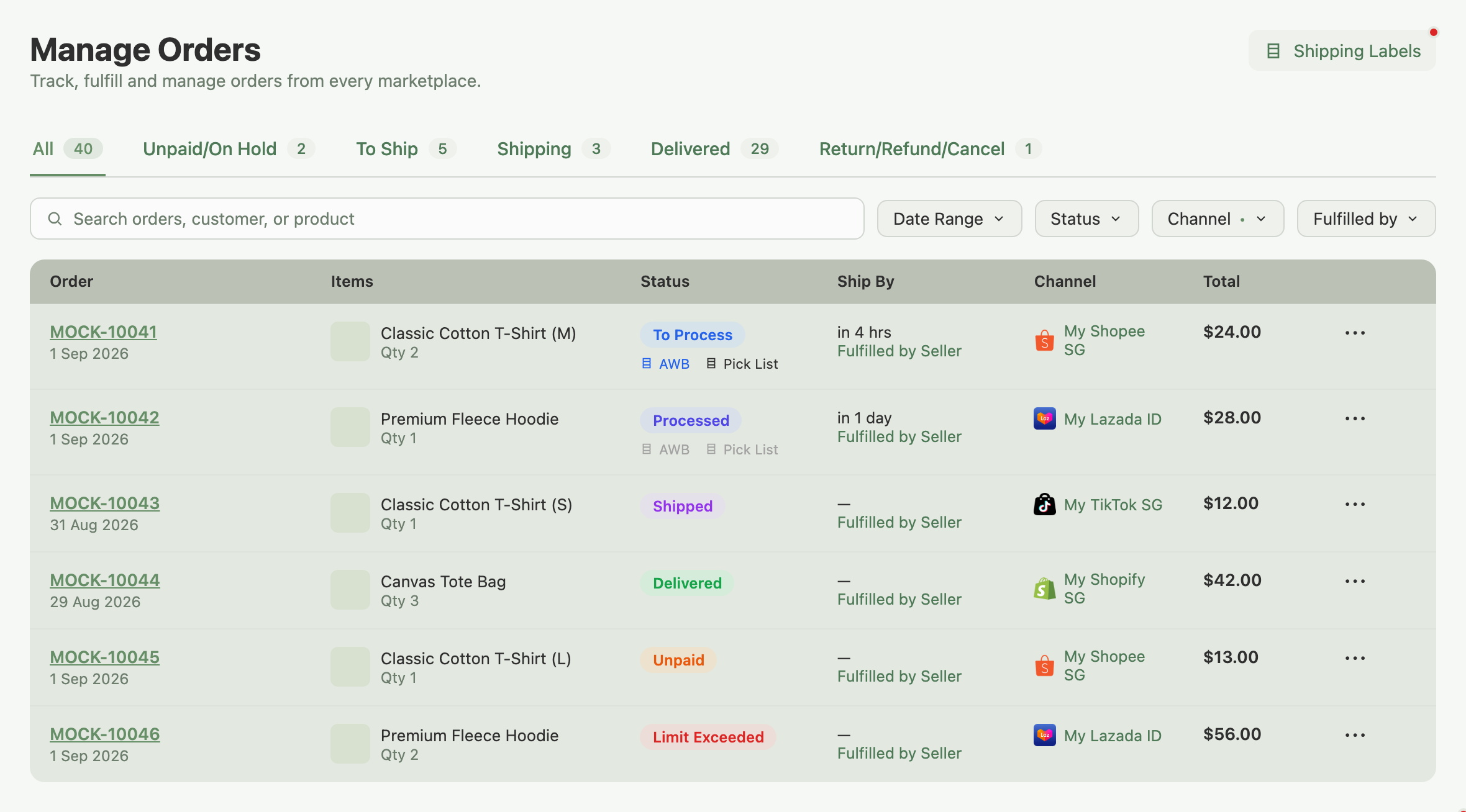 Manage Orders page with six order rows, one showing the red Limit Exceeded status badge