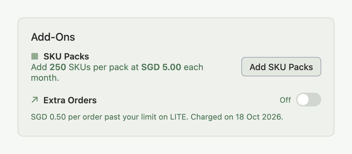 The Add-Ons section on the Billing page, with the SKU Packs row above the Extra Orders row switched Off