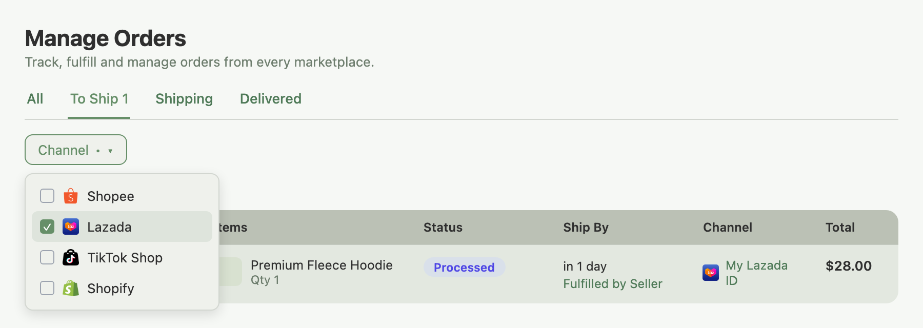 Manage Orders page with the Channel filter open and Lazada checked, showing a Processed order