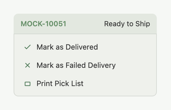 Actions dropdown for a DBS order, showing Mark as Delivered and Mark as Failed Delivery