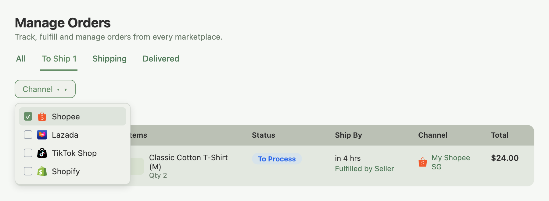 Manage Orders page with the Channel filter open, Shopee checked, and a To Process order