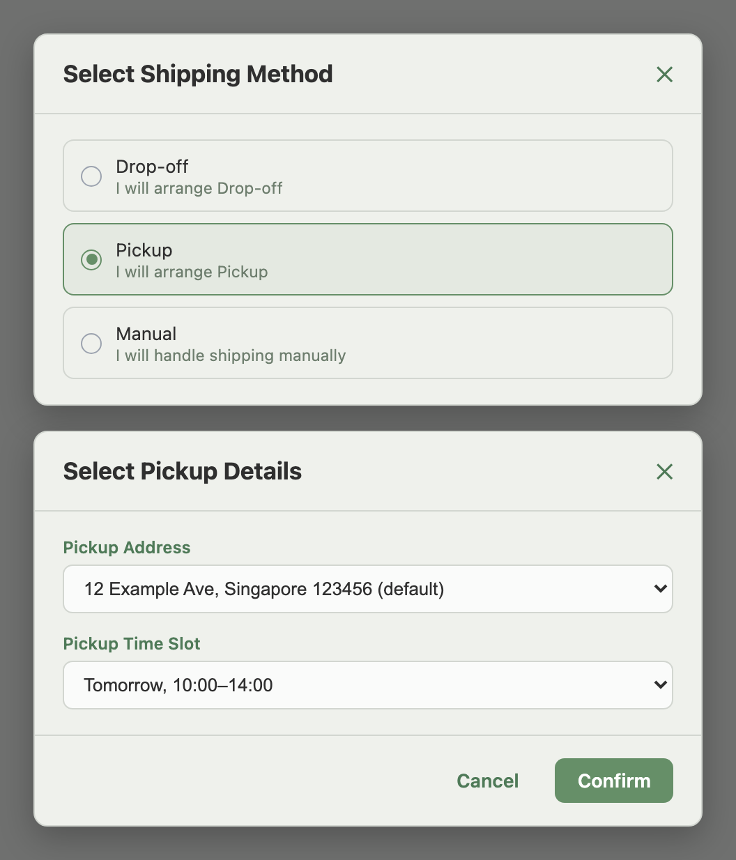 Select Shipping Method window showing the three methods, followed by the Select Pickup Details window with address and time-slot fields