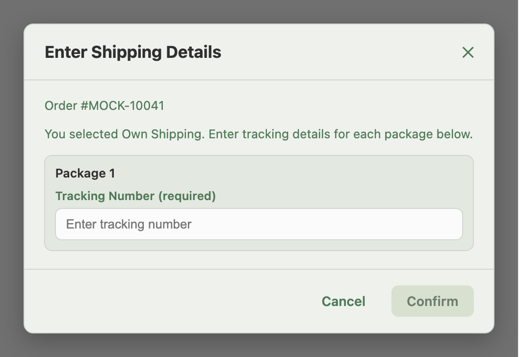 Enter Shipping Details window for a manually shipped order, with the Tracking Number field