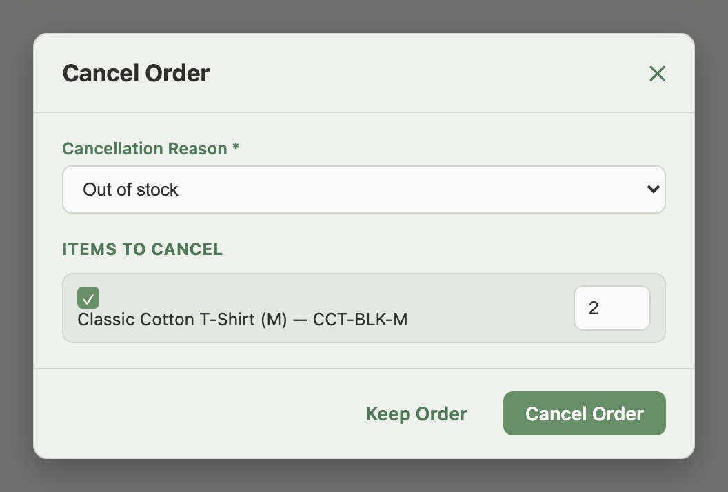 Cancel Order window with the cancellation reason and item/quantity selection