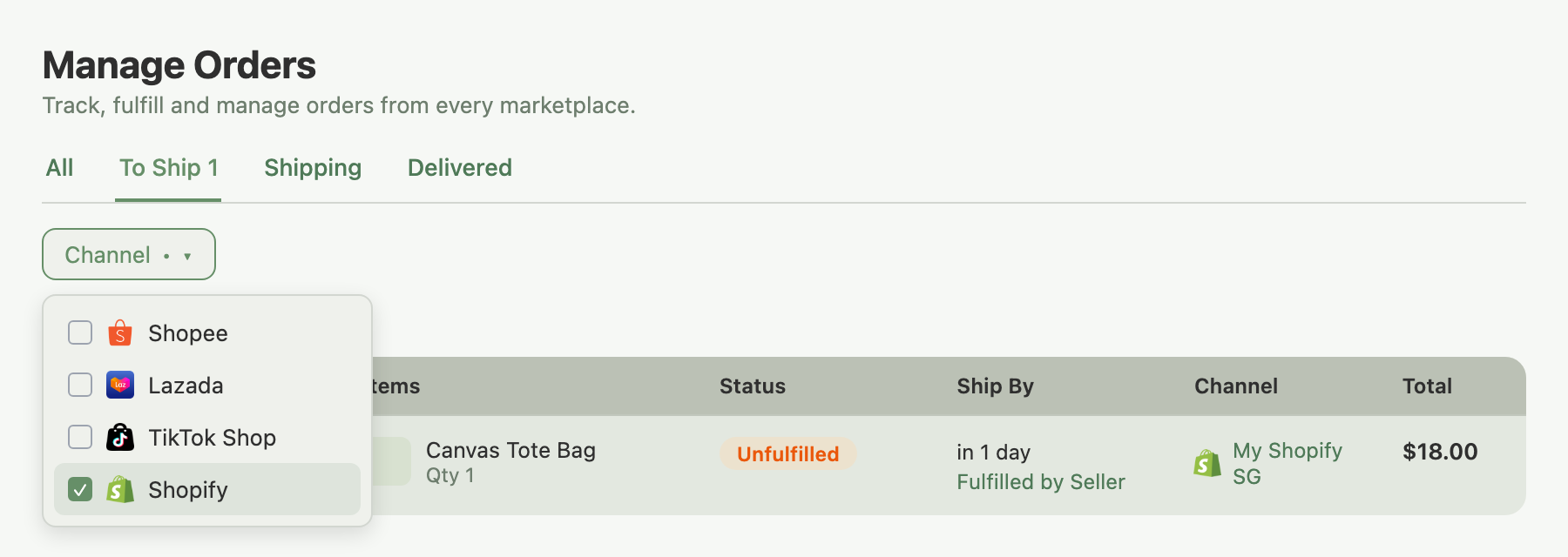Manage Orders page with the Channel filter open and Shopify checked, showing an unfulfilled Shopify order