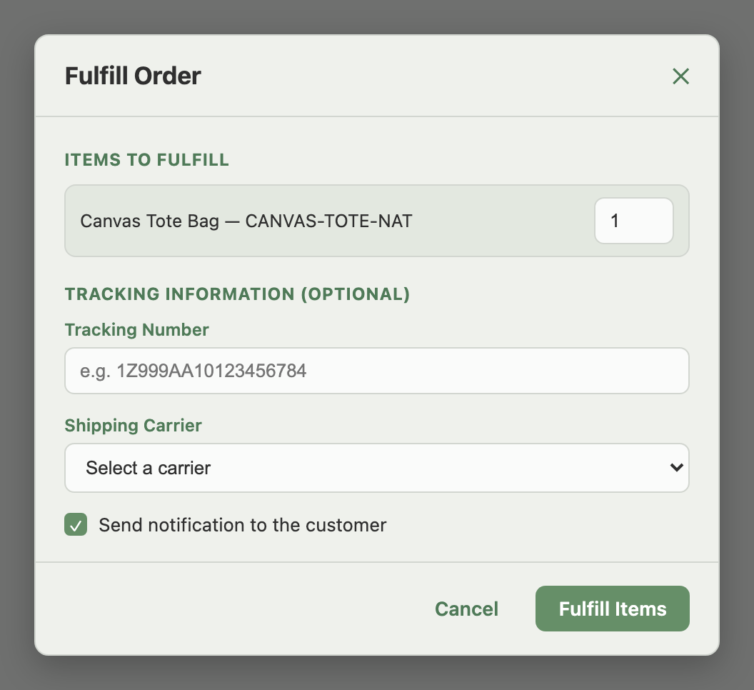Fulfill Order window showing Items to Fulfill, Tracking Number and Shipping Carrier fields, and the Send notification checkbox