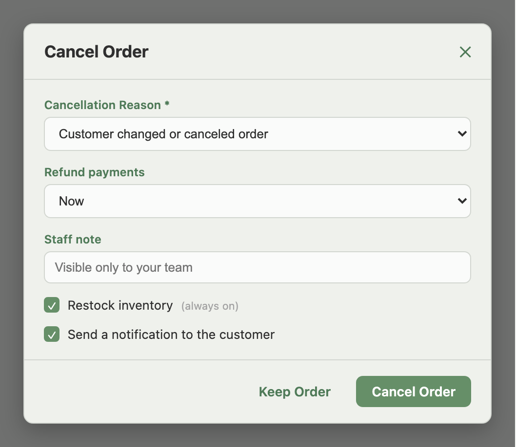 Cancel Order window showing the cancellation reason, refund option, staff note, and restock/notify controls