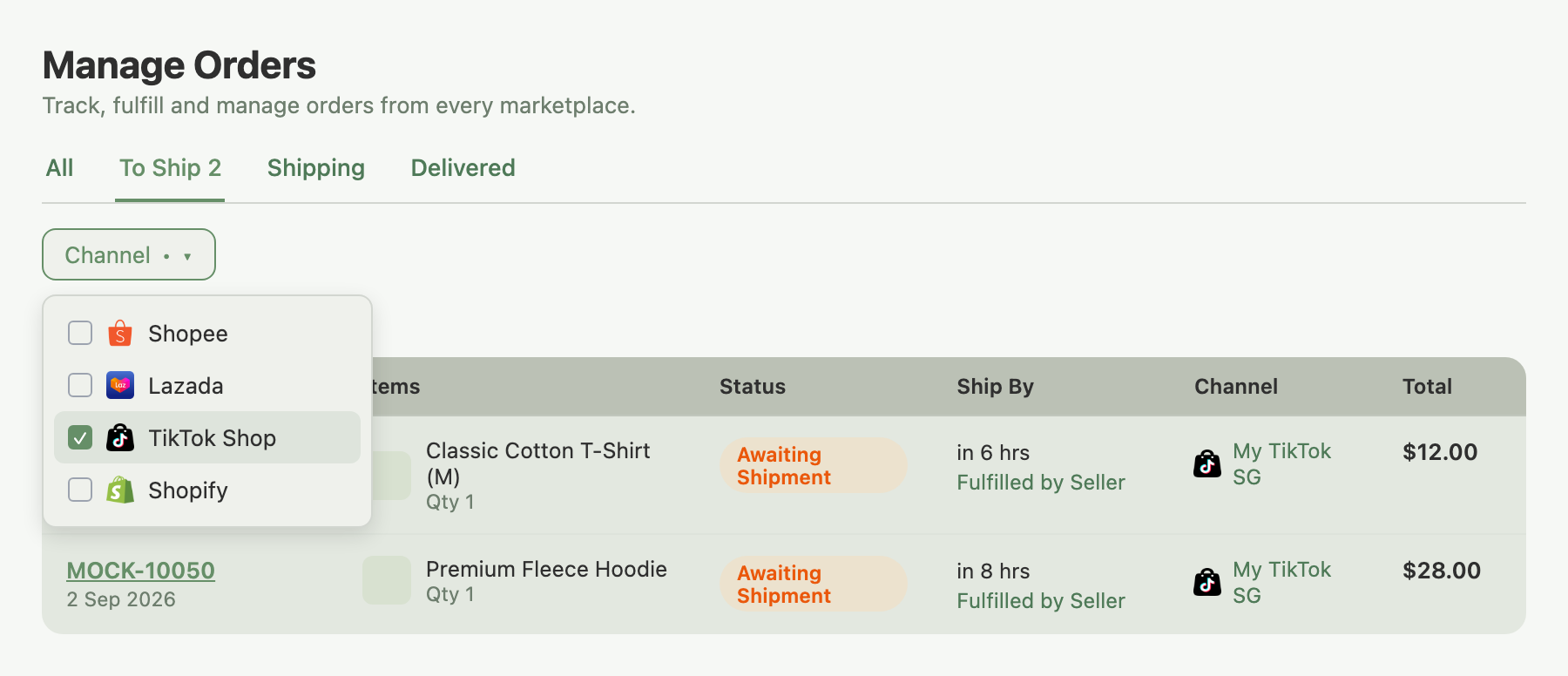 Manage Orders page with the Channel filter open, TikTok Shop checked, and two Awaiting Shipment orders