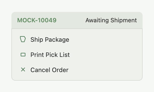 Order Actions dropdown for a TikTok Logistics order, showing Ship Package, Print Pick List, and Cancel Order