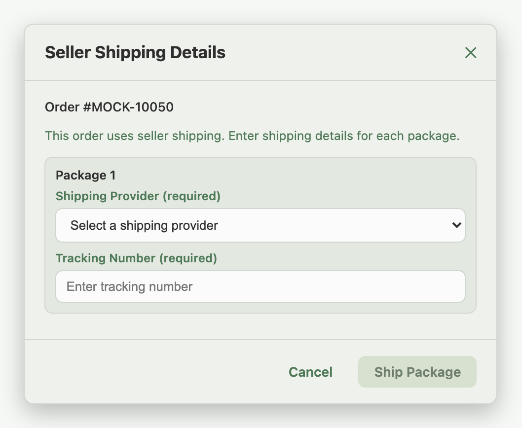 Seller Shipping Details window showing the Shipping Provider and Tracking Number fields for one package