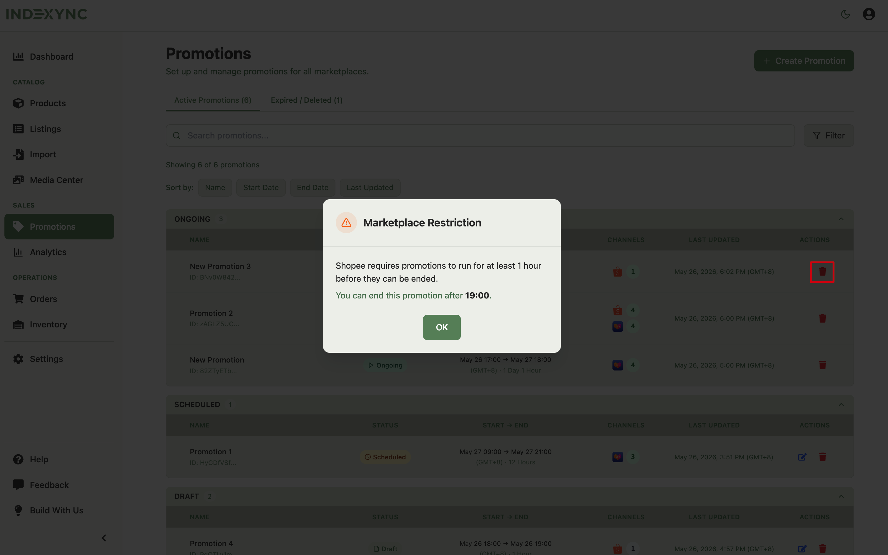 Marketplace Restriction message showing Shopee requires at least 1 hour before a promotion can be ended, with the exact time the promotion can be ended