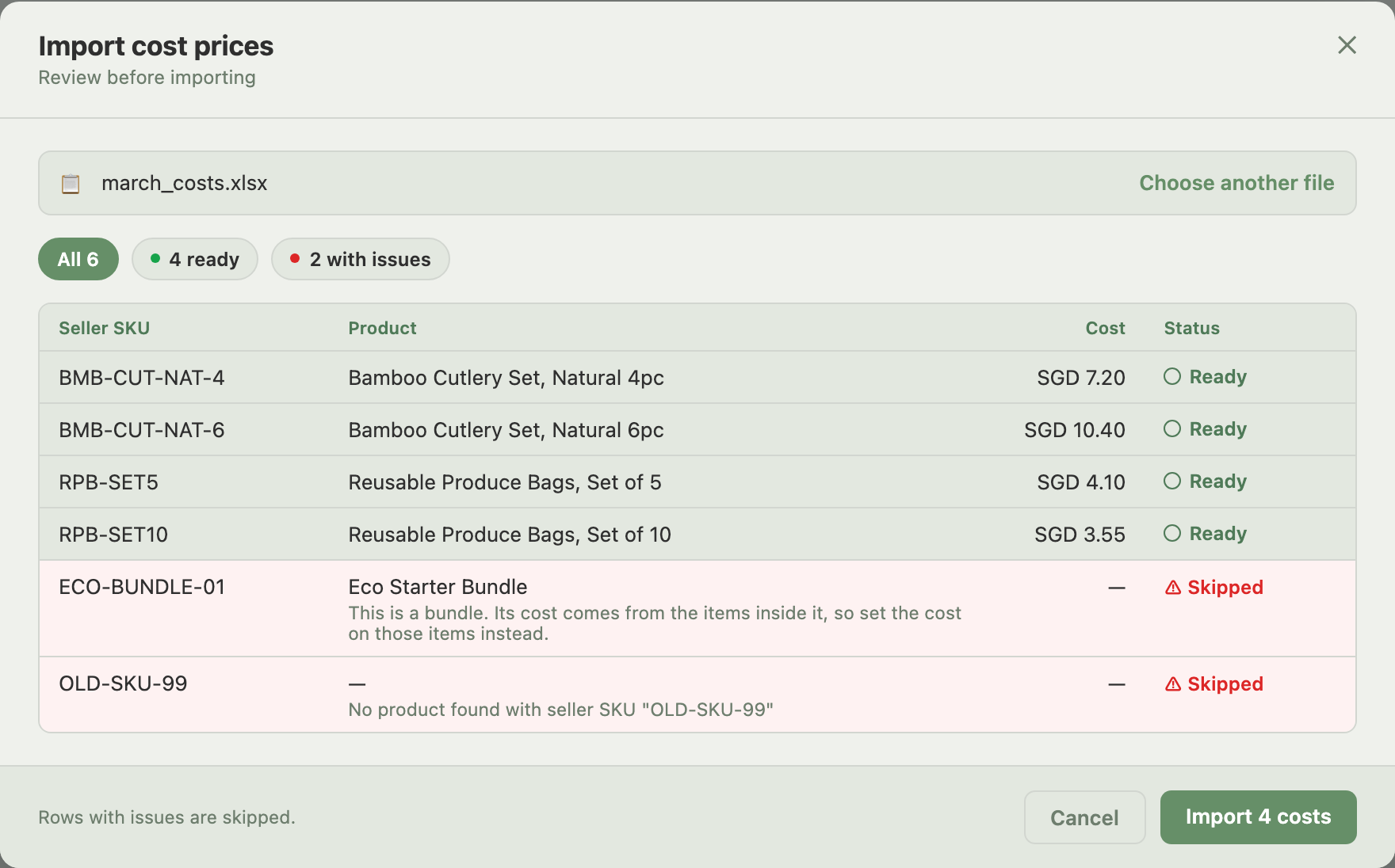 Import cost prices review table showing four ready rows and two rows with issues, including a bundle-parent rejection and a not-found SKU