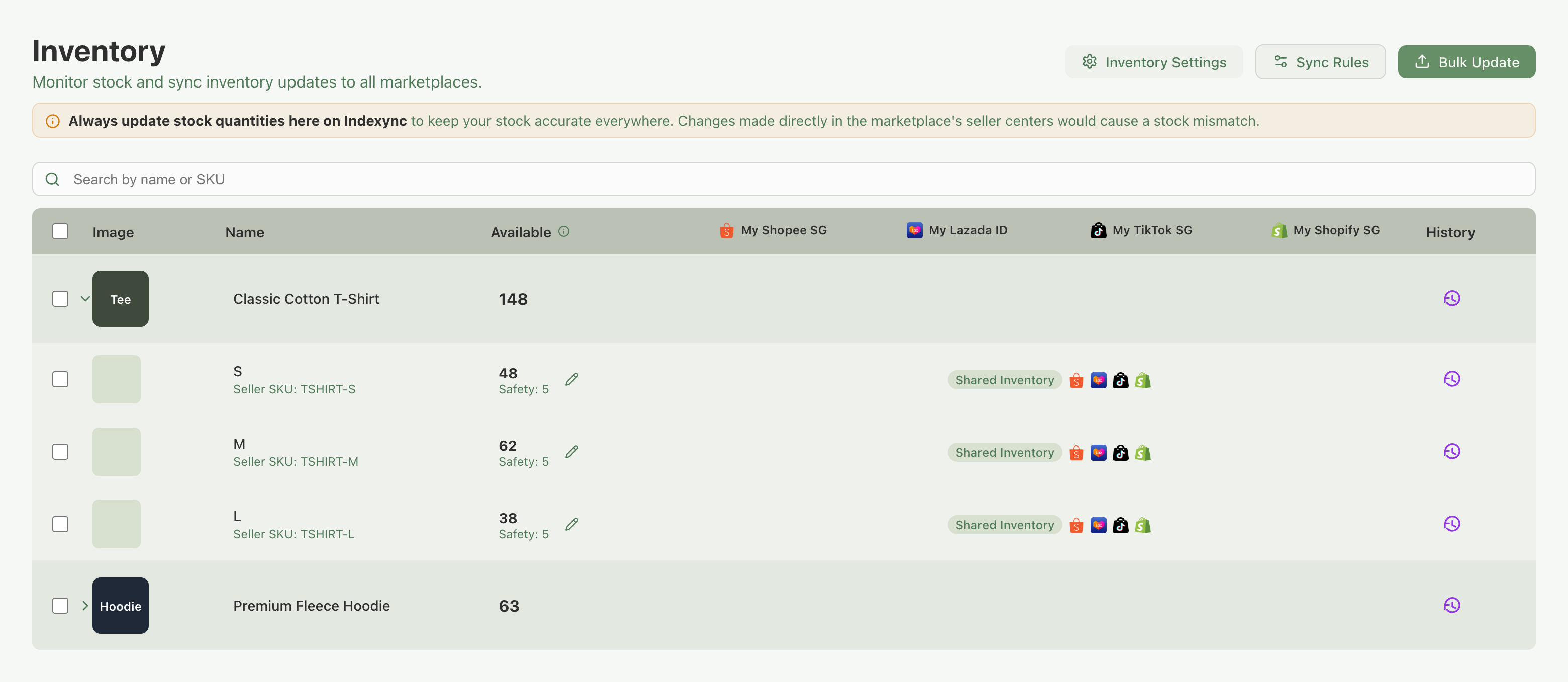 Inventory page showing Classic Cotton T-Shirt expanded with S, M, and L variant rows, each with an Available count synced across four connected stores
